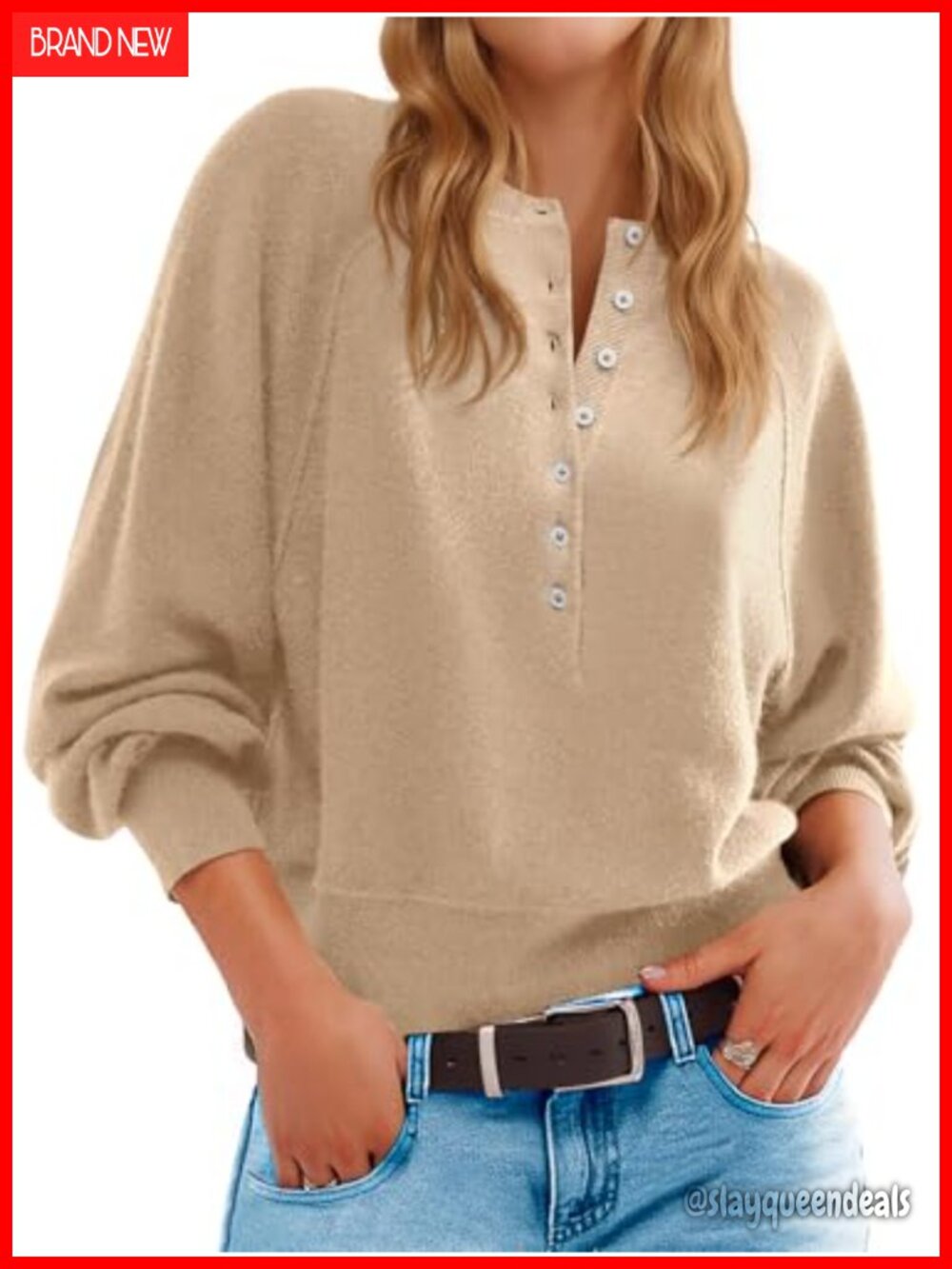 Womens Button Crew Neck Sweater Long Sleeve Henley Loose Knit Pullover Top